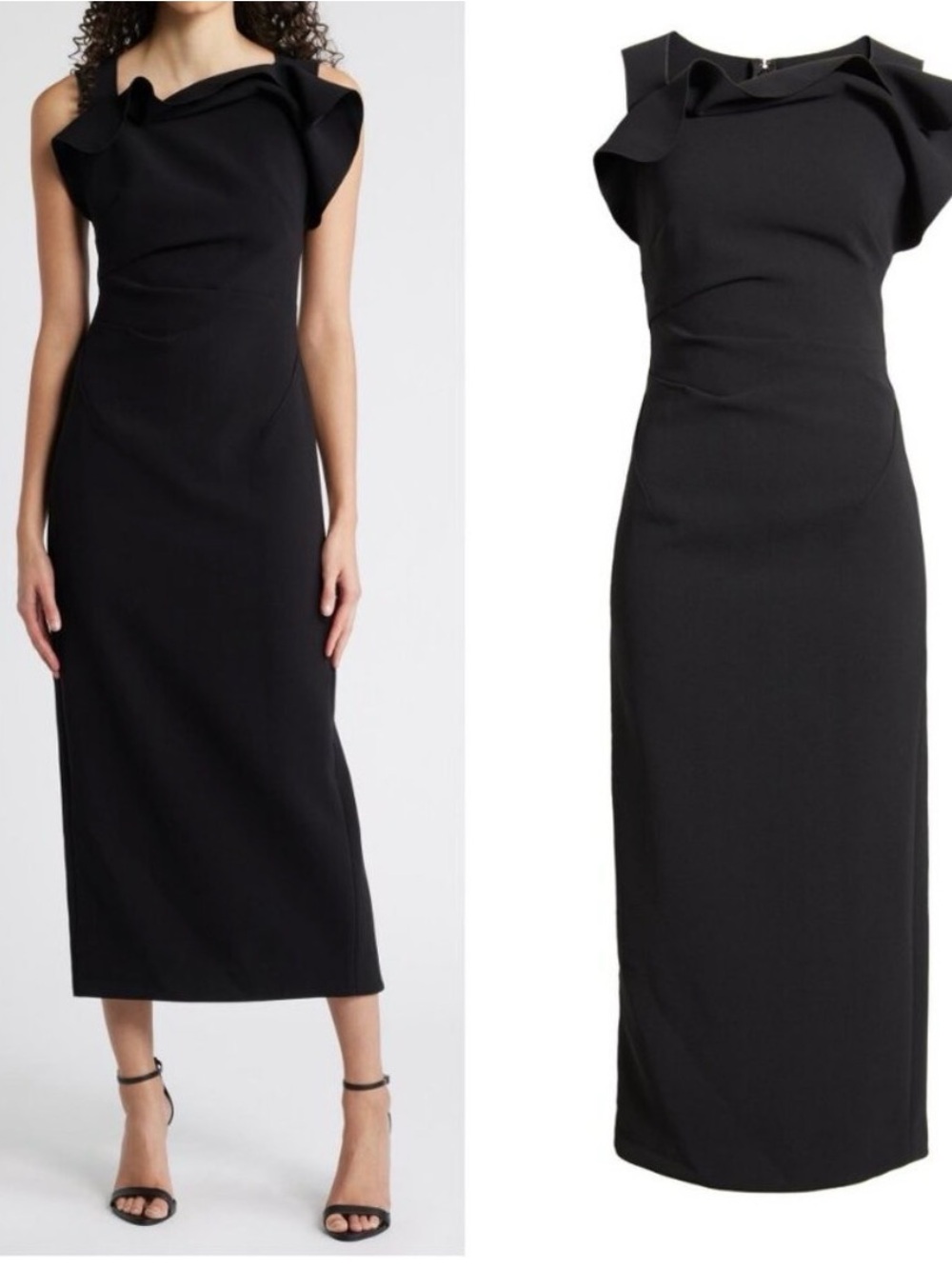 Acler Warfield Black Ruffled Neck Midi Dress - Women's Elegant Evening Dress